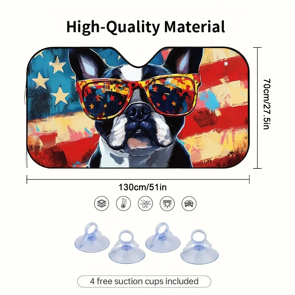 1pc Independence Day Cool Dog Flag Print Car Sunshade Stylish French Bulldog Design with Glasses  Red Car Visor Design