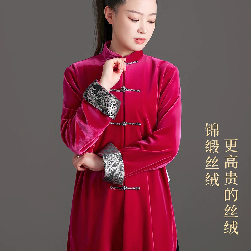 Women's New Chinese Style Upgraded Autumn/Winter Tai Chi Uniform - Satin Velvet with Contrast Color Matching for Tai Chi Practic