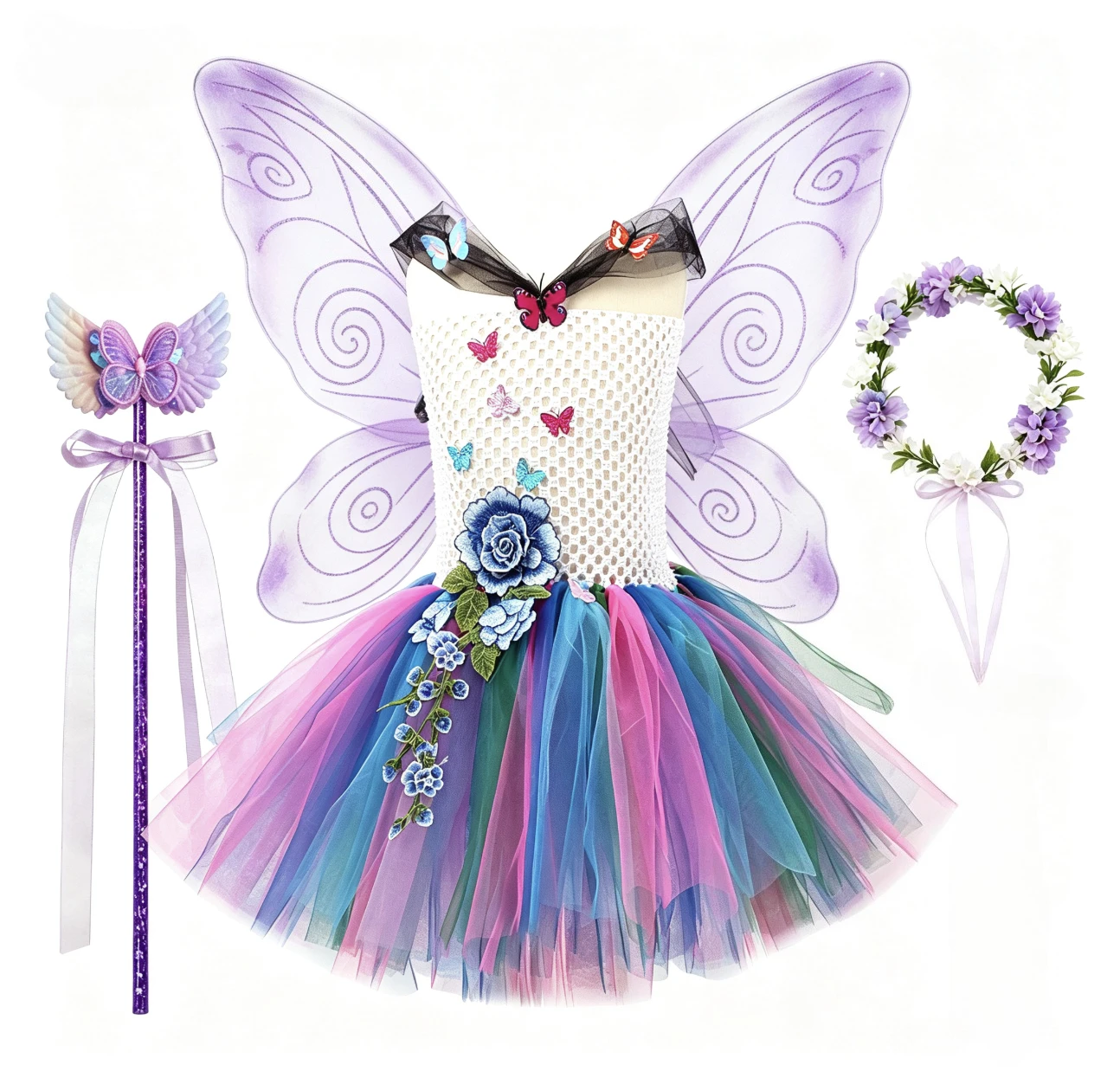 Girl Princess Fairy Butterfly Colorful Floral Decoration Sweet Style Mesh Breathable TutuDress With Accessory Holiday Daily Wear