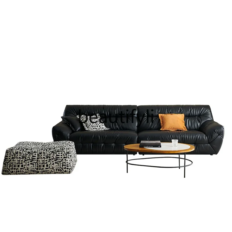 

Black technology leather sofa retro Nordic living room modern simple big black cow light luxury