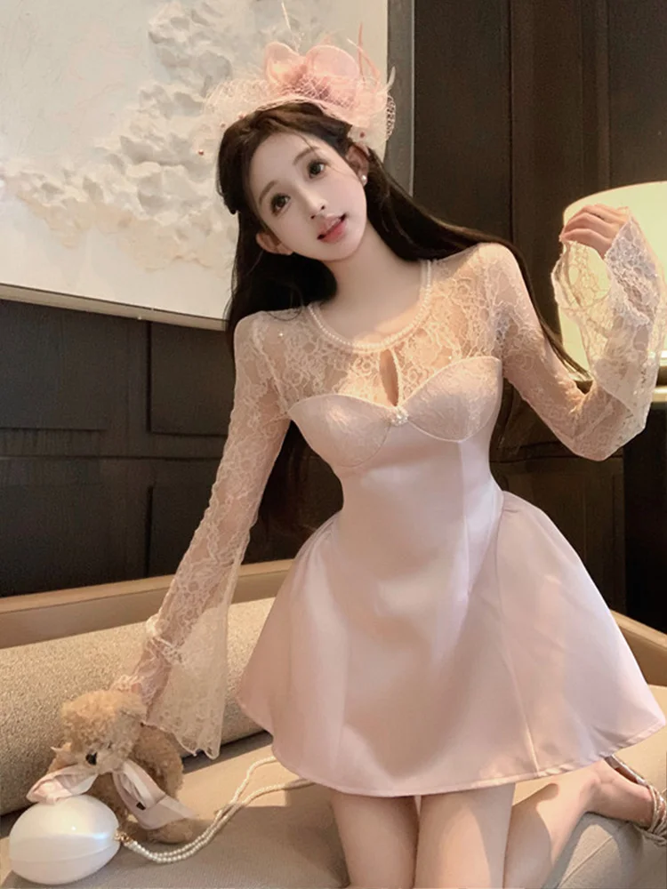 

Syj Shuyijia Lace Long Sleeve Slim Fit Short Skirt Dress Elegant Plump Mm Silk Satin Puffy a Line Dress Commute Style