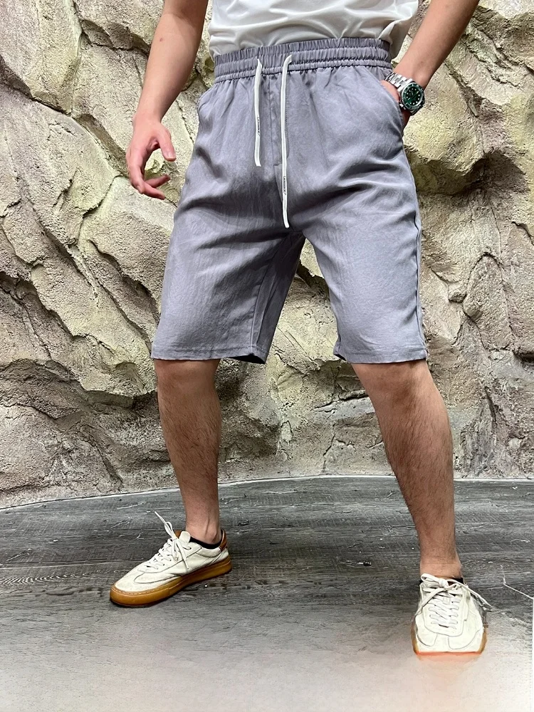 

Смесь льна, крутая, нескользящая, летняя, мужская, эластичная, универсальная, повседневная, свободная посадка, с высокой талией, пятидюймовая молодежная спортивная одежда