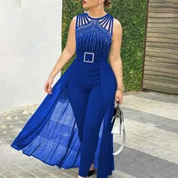 Sleeveless Jumpsuit for Women, Elegant Hot Rhinestone Mesh Mop Blue Sexy Summer 2024