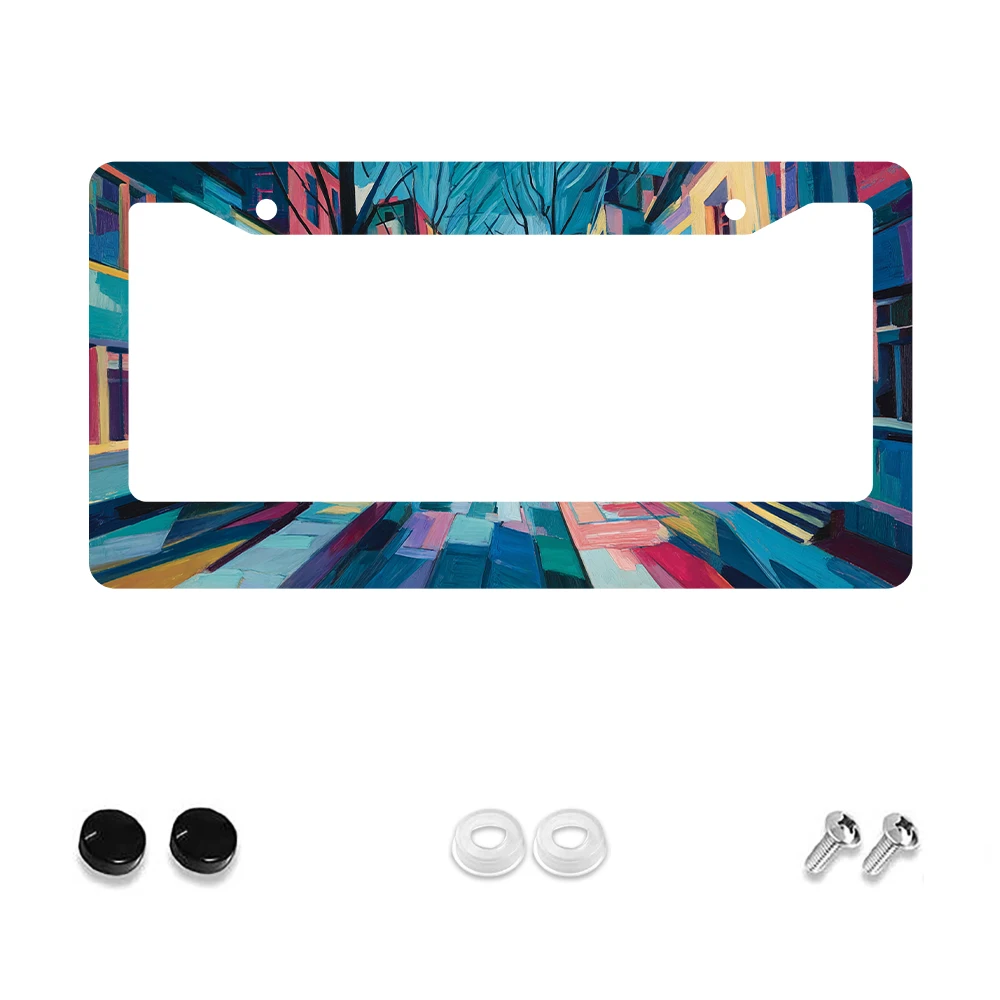 

1pc Colorful Cityscape Pattern 2 Hole License Plate Frame, Aluminum Material, 6x12 Inches with Screw Kit, Retro Novelty Car Dec