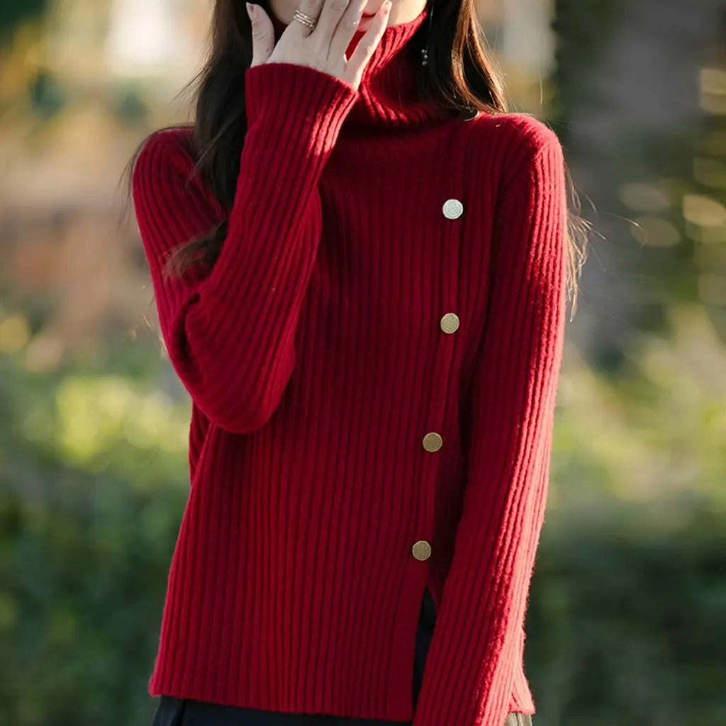 여성용 하이 칼라 니트 풀오버 후드 스웨터 긴 소매 단색 기본 셔츠 가을 겨울용