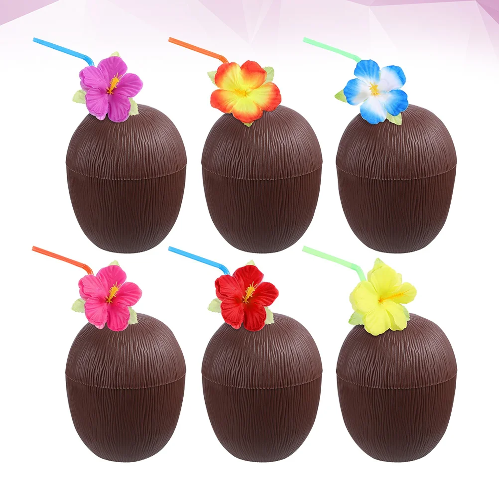 

6pcs Coconut Cups Hawaii Party Drinking Portable Beach Bar Accessories Detachable Tropical Design Creative Drinkware For Luau
