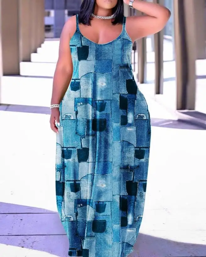 Plus Size Damen kleid Mode Sommer lässig täglich Denim Look Print V-Ausschnitt Spaghetti träger übergroße gerade Maxi kleid