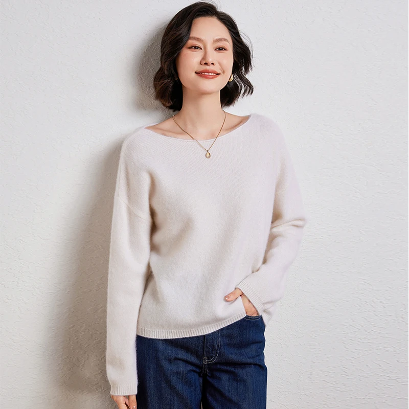 Spring Autumn New 100% Wool Sweater Women\'s One Character Collar Knitted Pullover Casual Loose Large Size Women\'s Clothing Tops