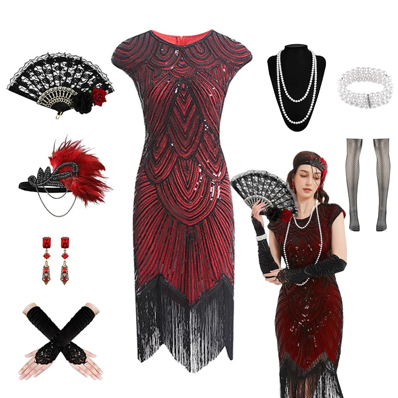 Vestidos de los años 20 para mujer, vestido estilo flapper, abanico de encaje, diadema de plumas, lentejuelas, cuentas, flecos, accesorios de los años 20, disfraz de la mafia Vintage