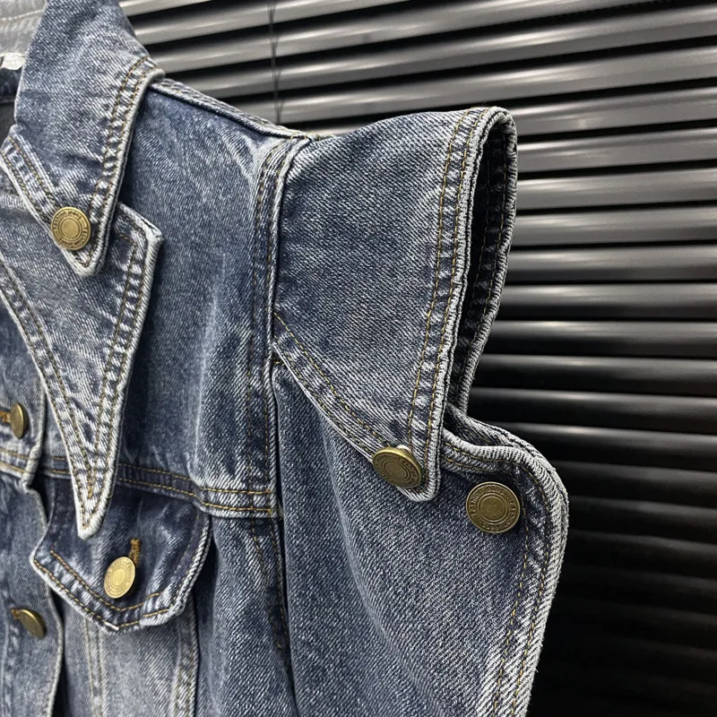 ANJY Autumn New Women Short Denim Jacket Hollow Out Long Sleeve Turn-down Collar Single Breasted High Street Stylish Coat A10362