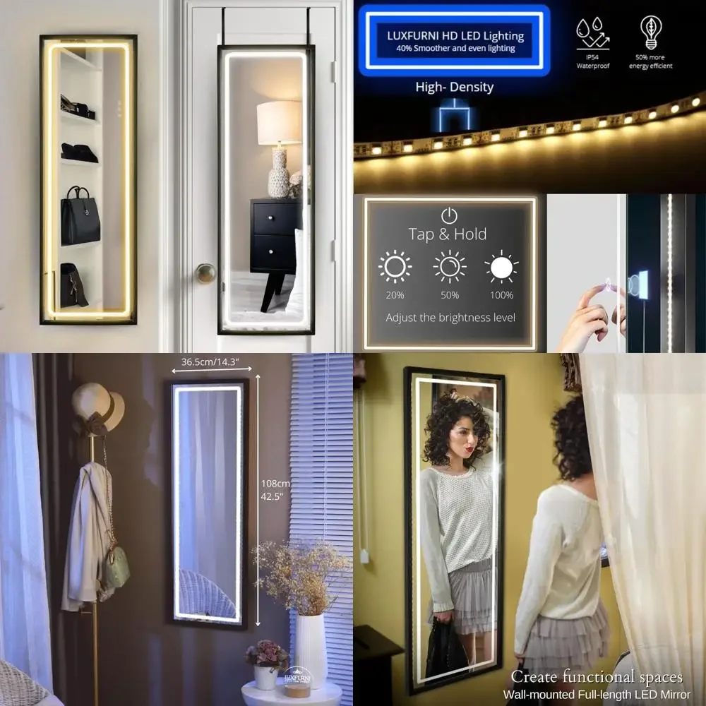 Miroir mural éclairé par LED, grand miroir suspendu au-dessus de la porte 42,5 x 14,4 pour une visualisation complète du corps, mural avec luminosité