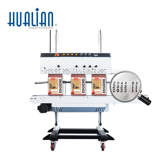 FRM-1120LD HUALIAN Paint Type Vertical Food Continuous Band Sealer Sealing Machine With Printer