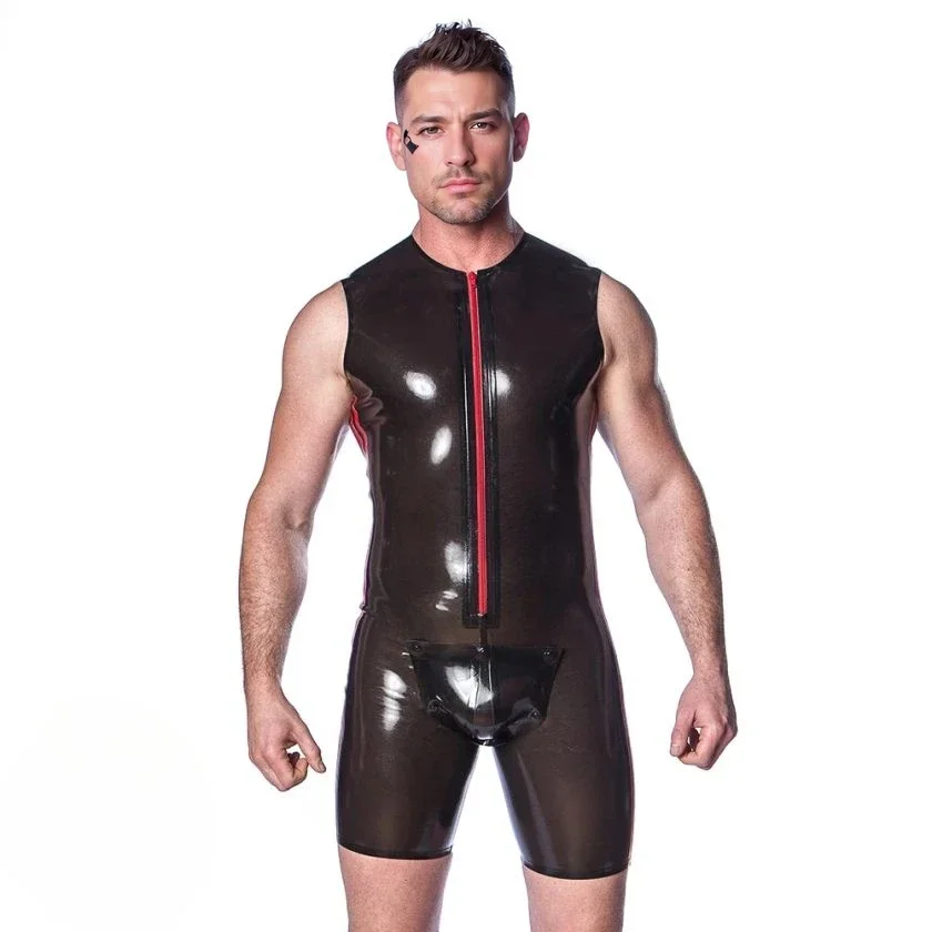 

customized latex bodysuit men's black semi transparent latex sleeveless bodysuit with red zipper rubber costume clubwear