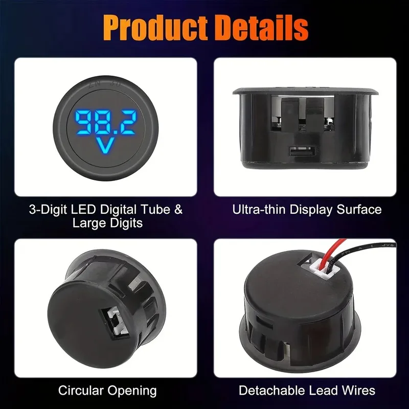 4-100V DC Volt Meter - LED Display Round 2 Wire Voltmeter - DC Digital Voltage Current Meter Volt Detector Tester Monitor Panel