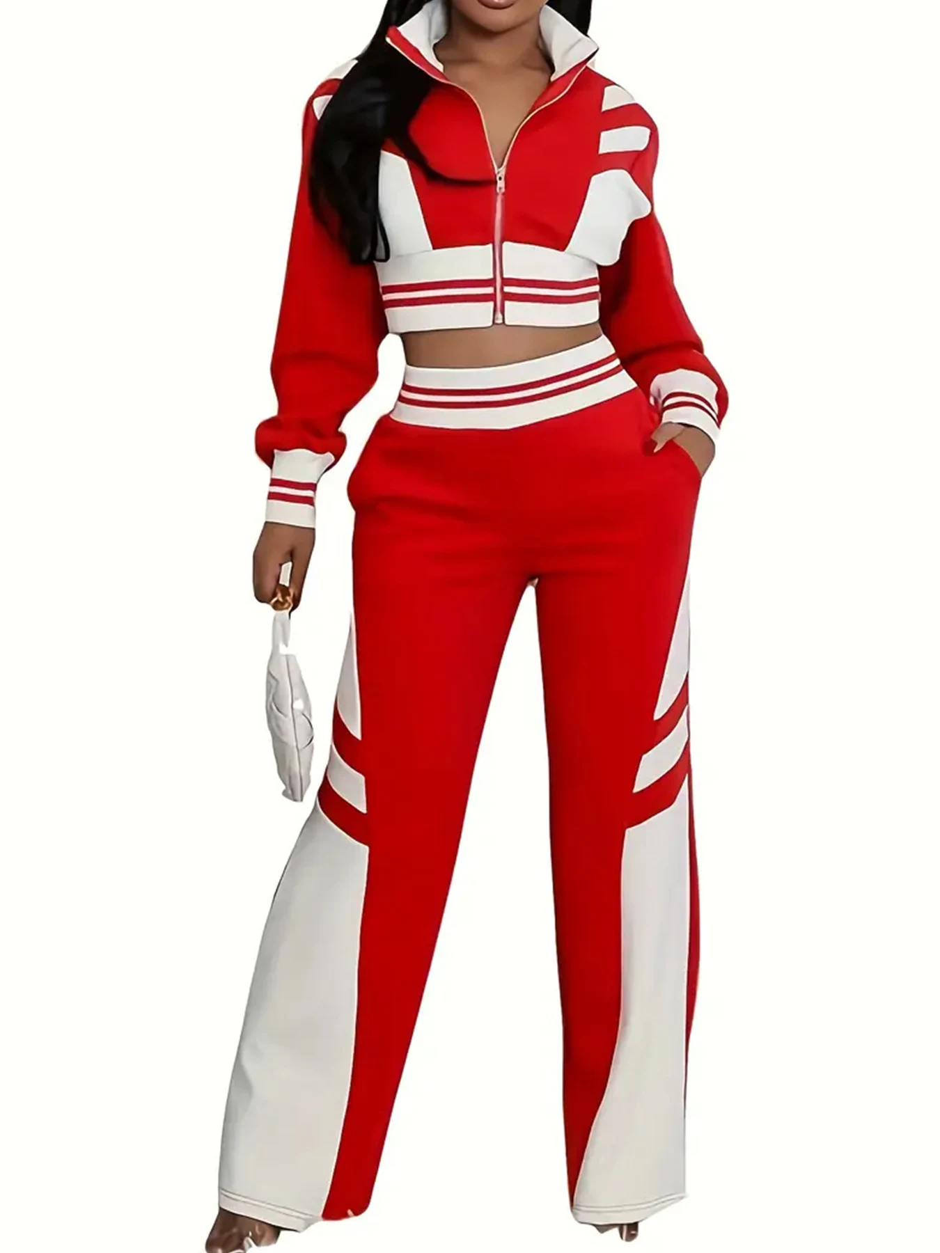 Nowy damski dwuczęściowy zestaw sportowy i rekreacyjny z blokami kolorów, bluza z długim rękawem zapinana na zamek i spodnie o dopasowanym kroju, możliwość prania w pralce.