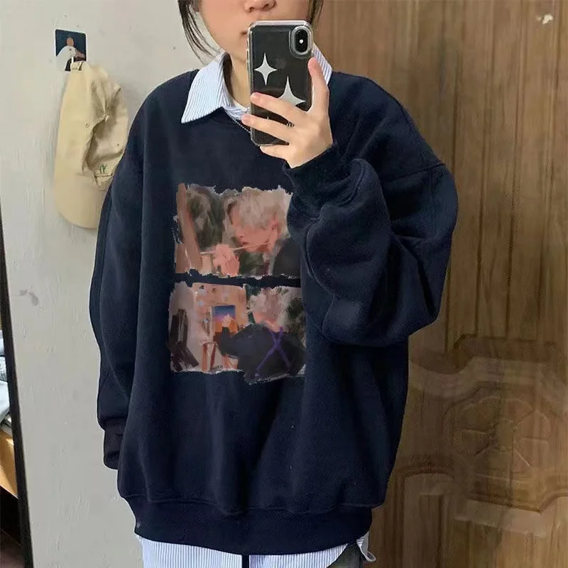 

Retro ink painting printing loose color matching high neck Plush warm style Hoodies large women's clothing fat winter clothing