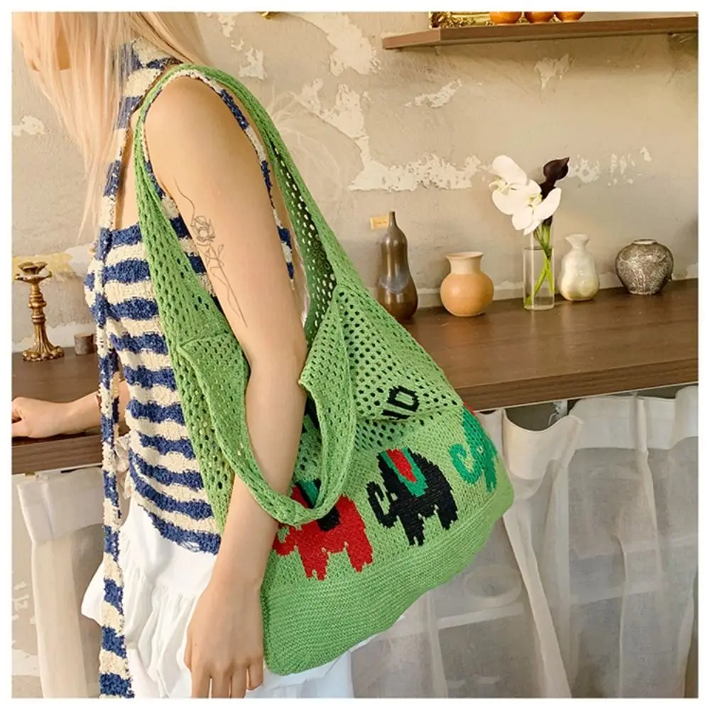 

Casual Summer Cotten Crochet Shoulder Bag Thailand Elephant Knitted Tote Bag Fashion Large Capacity Hollow Out Weave Bag Girls