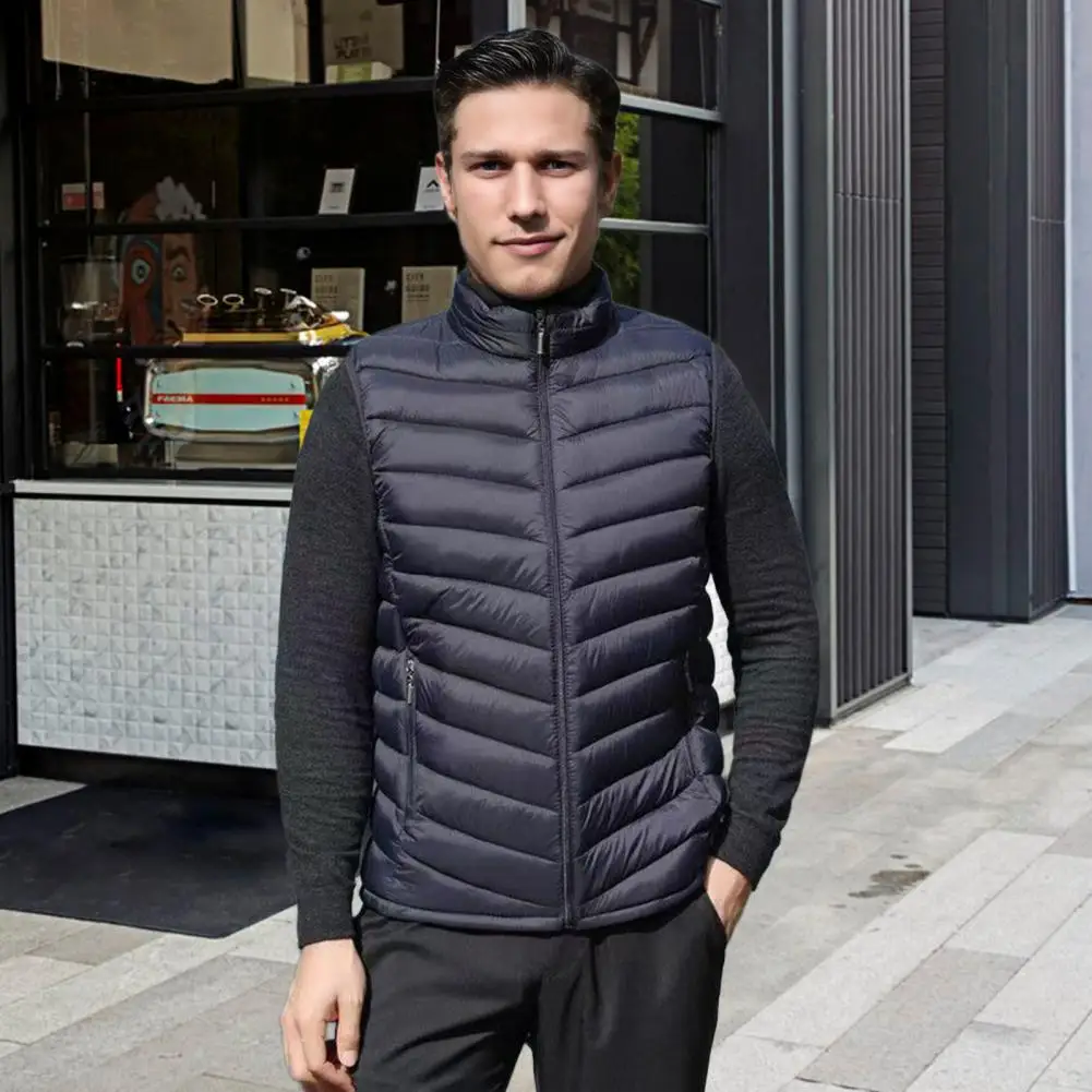 

Men Waistcoat Vest Stand Collar Sleeveless Zipper Closure Windproof Vest With Pockets Solid Color Winter Thermal Jacket Вильтка