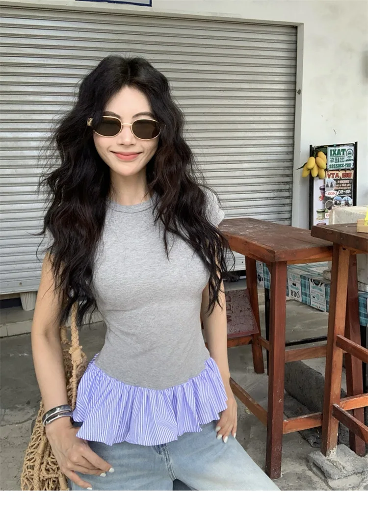 Sexy Shoulder Round Neck Patchwork Lace Hem Short Sleeved T-Shirt 2026 Summer Korean Cross-Border Slim Fit Base Top New Style