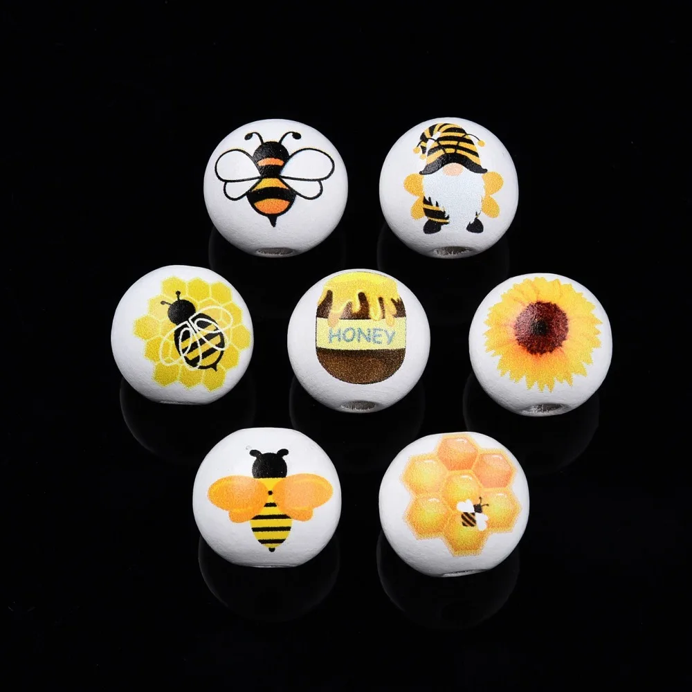 200pcs Bees Theme Printed Wooden Beads bumble honeybee Sunflower Honey JarGnome Pattern Round Beads for jewelry making Decor