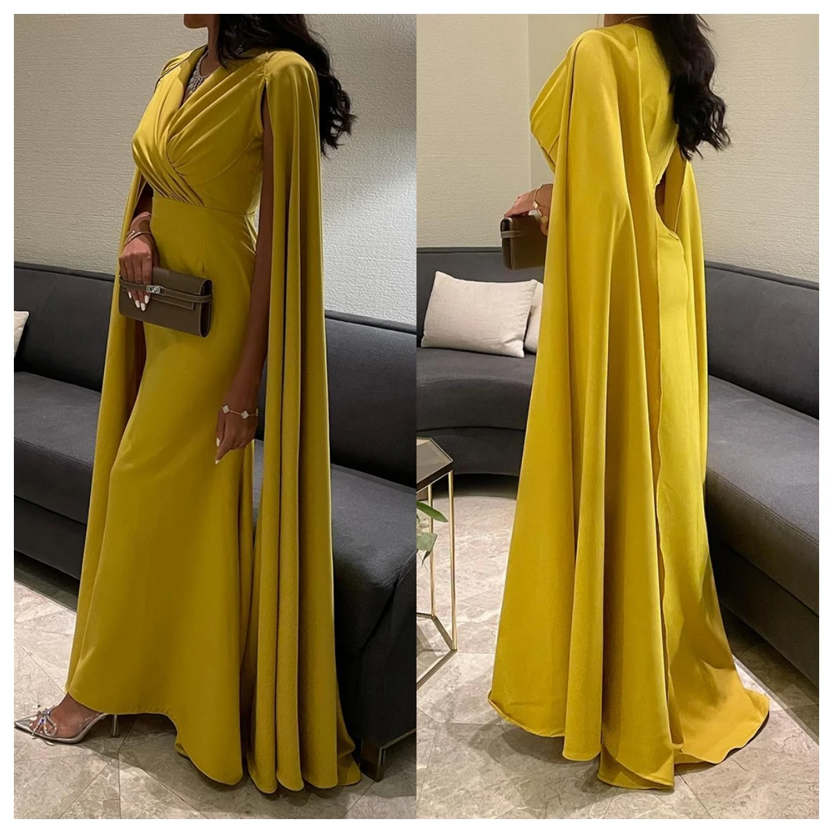 

Customized Formal Yellow Jersey Evening Dress V-Neck Sleeveless Homecoming Dress Celebrity Gowns High Quality Temperament
