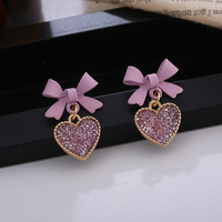 Elegant Purple Crystal Heart Dangle Earrings Fashion Korean Lovely Bow Drop Earrings Romantic Girls Women Party Jewelry