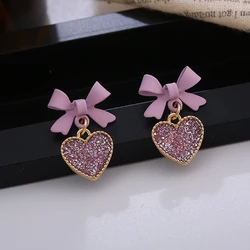 Elegant Purple Crystal Heart Dangle Earrings Fashion Korean Lovely Bow Drop Earrings Romantic Girls Women Party Jewelry