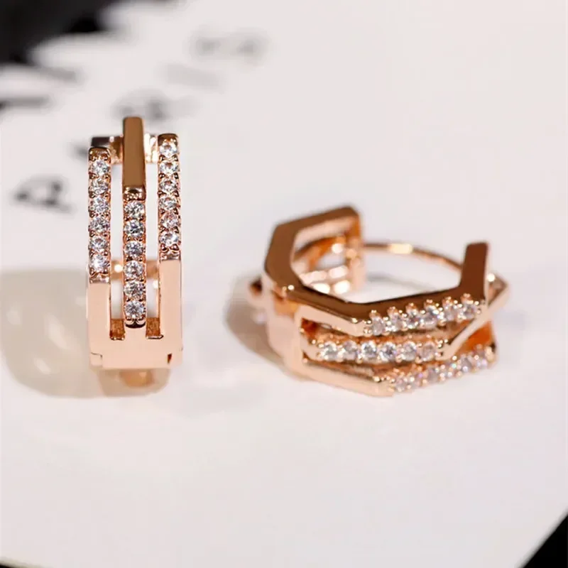 Rose Gold Hoop Earrings for Women Geometric Circle Crystal Cubic Zirconia Simple Stylish Statement Jewelry
