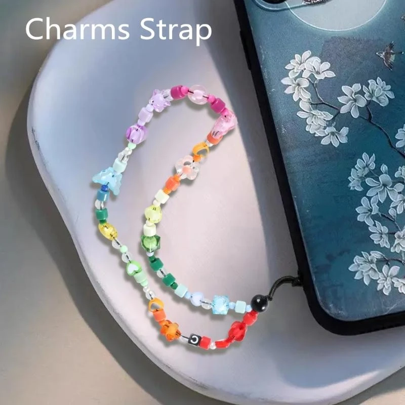 F2TD Colorful Bead Phone Charm Butterfly Cellphone Lanyard Wrist Strap Acrylic Beads Keychain Charm for Women Girls