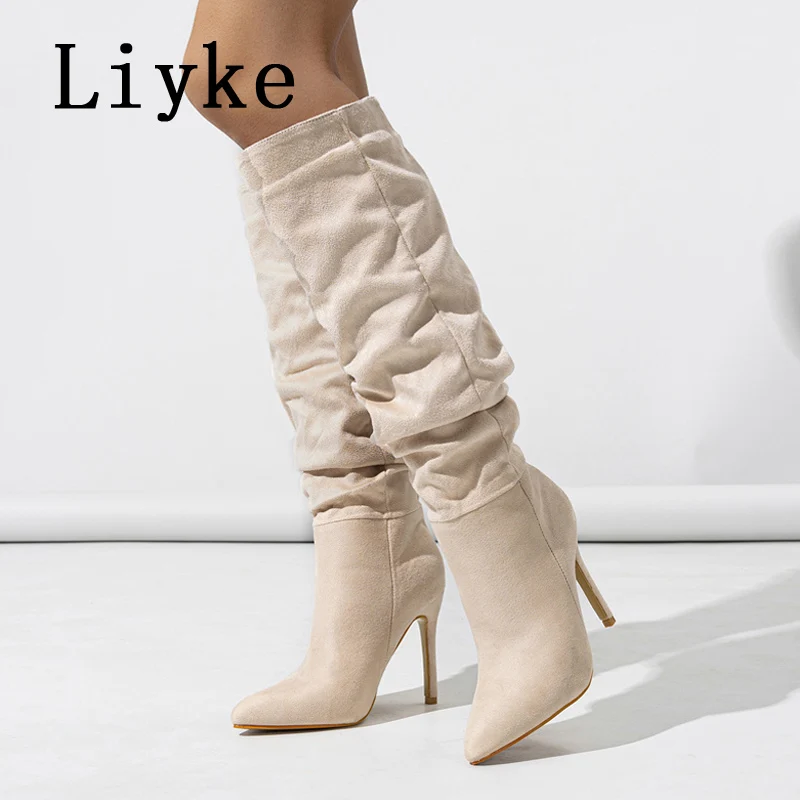 Liyke Sexy Pointed Toe Motorcycle Knee High Boots Women Fashion Pleated Autumn Winter Pink Long Shoes High Heels Botas Mujer