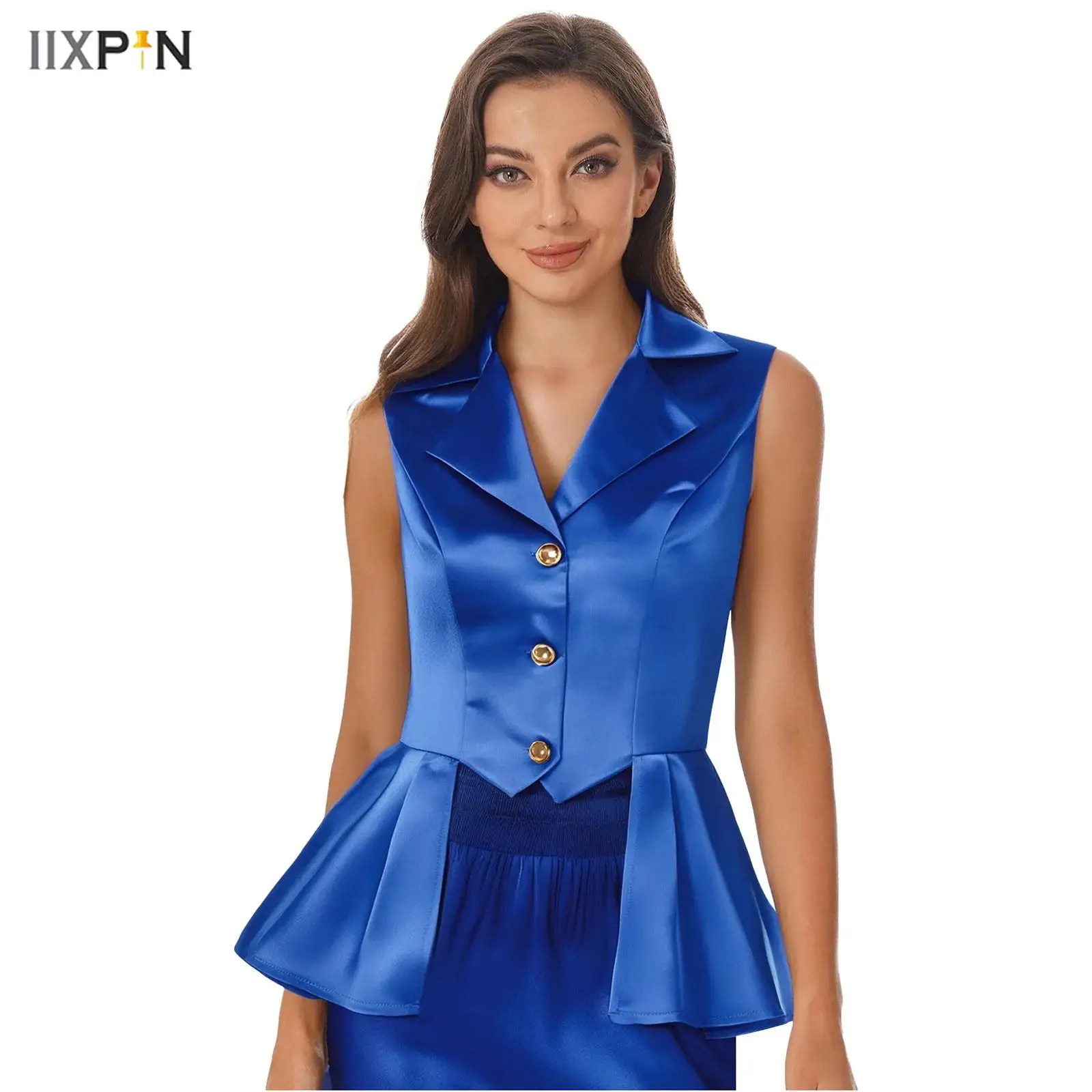 

Women Victorian Waterfall Waistcoat Jacket Turn-Down Collar Sleeveless Asymmetric Ruffled Hem Top for Themed Parties Cosplay