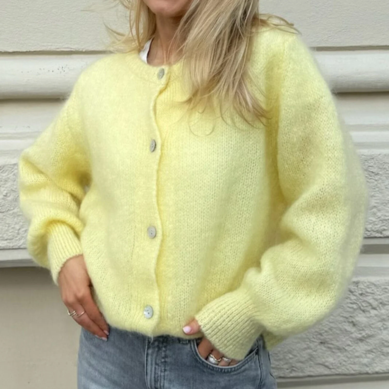 Damen Y2K Button-Down-Langarm-Basic-Pullover, lässig, einfarbig, ästhetische Strickwaren, Strickjacken für Streetwear