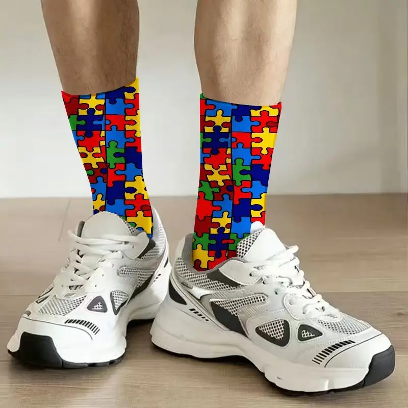 Colorful Jigsaw Puzzle Print Crew Socks Vibrant Red Blue Green Yellow Pattern Casual Ankle Socks for Men and Women