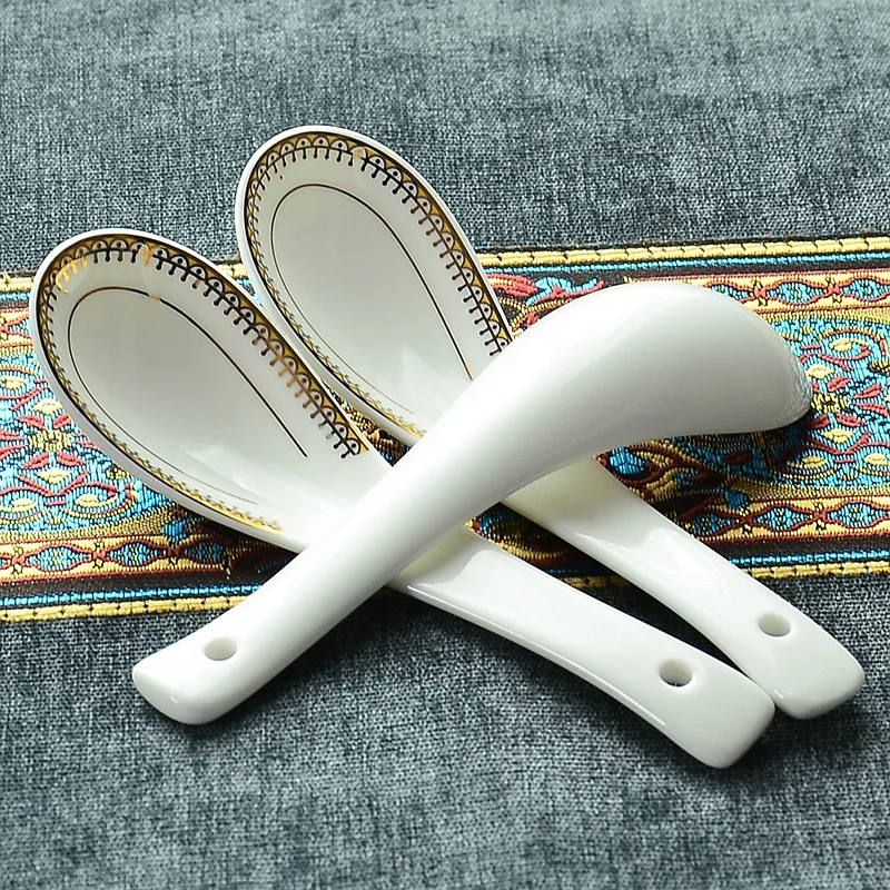 Gold bordered bone china, japanese style dinner dessert spoon, kitchen spoon white, mini ceramic scoop  for dessert