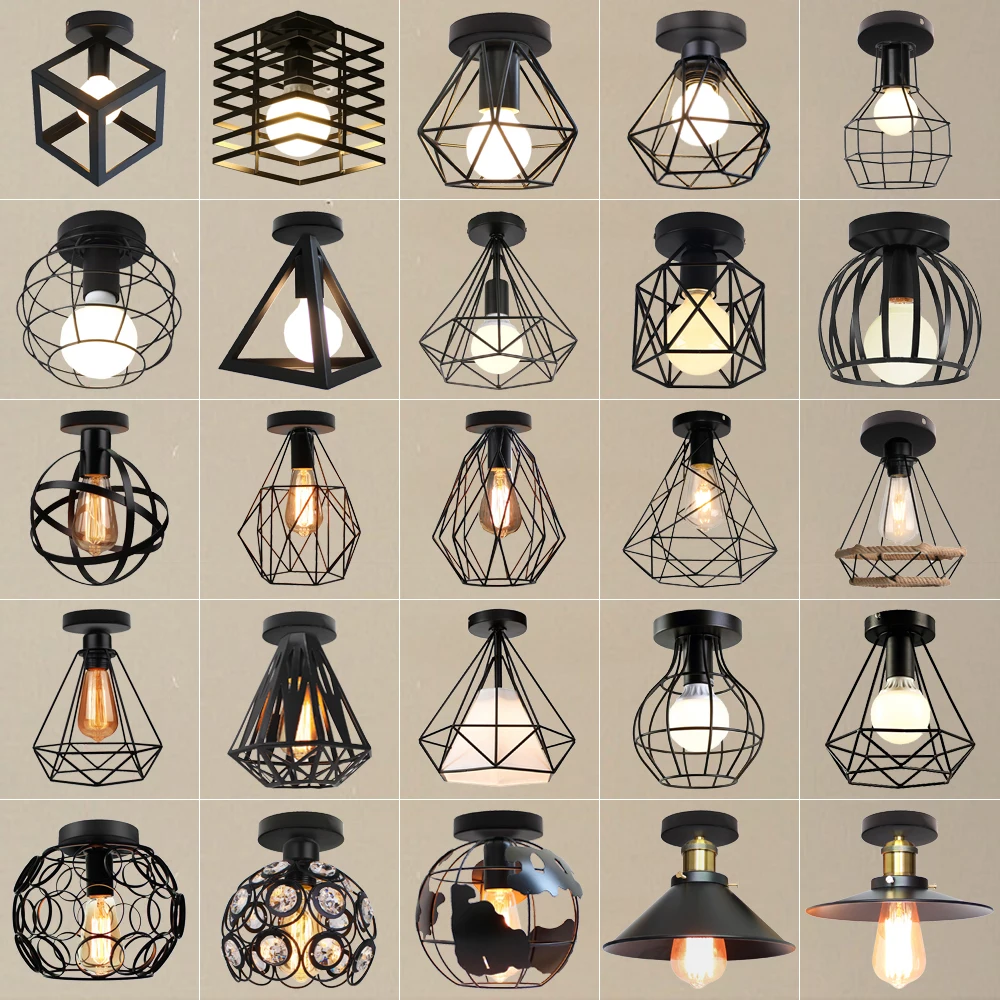 

Vintage Ceiling Light Modern Nordic Retro Iron Ceiling lamp Decor for Living Room Bar Black Loft E27 Home Lighting Cage Fixture