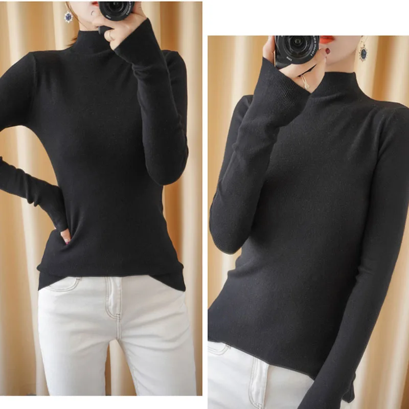 Autumn Winter Women Pullovers Half High Collar Casual Slim Fit Thin Bottoming Shirt Sweaters Grey Black Blue Jumper Knitwear