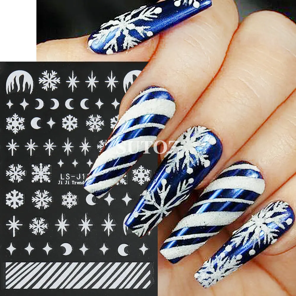 Weihnachten weiße Schneeflocke Nail Art Aufkleber Glitter Gold Mond Aufkleber Silber Kreuz Stern Schieber egler für Nagel Winter Maniküre Dekor nllsj