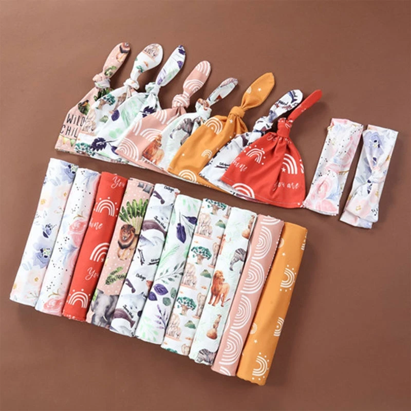 2Pcs Cotton Baby Blanket Hat Set Soft Elastic Anti-shock Baby Swaddle Wrap Rainbow Printed Newborn Receiving Blanlet Shower Gift