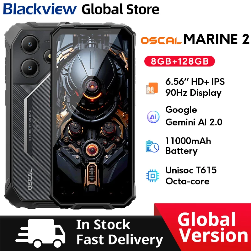 Blackview MARINE 2 Rugged Smartphone 6.56-inch HD+ IPS 90Hz Display 11000mAh  Android 15 16MP Camera NFC 8GB 128GB Cellphone