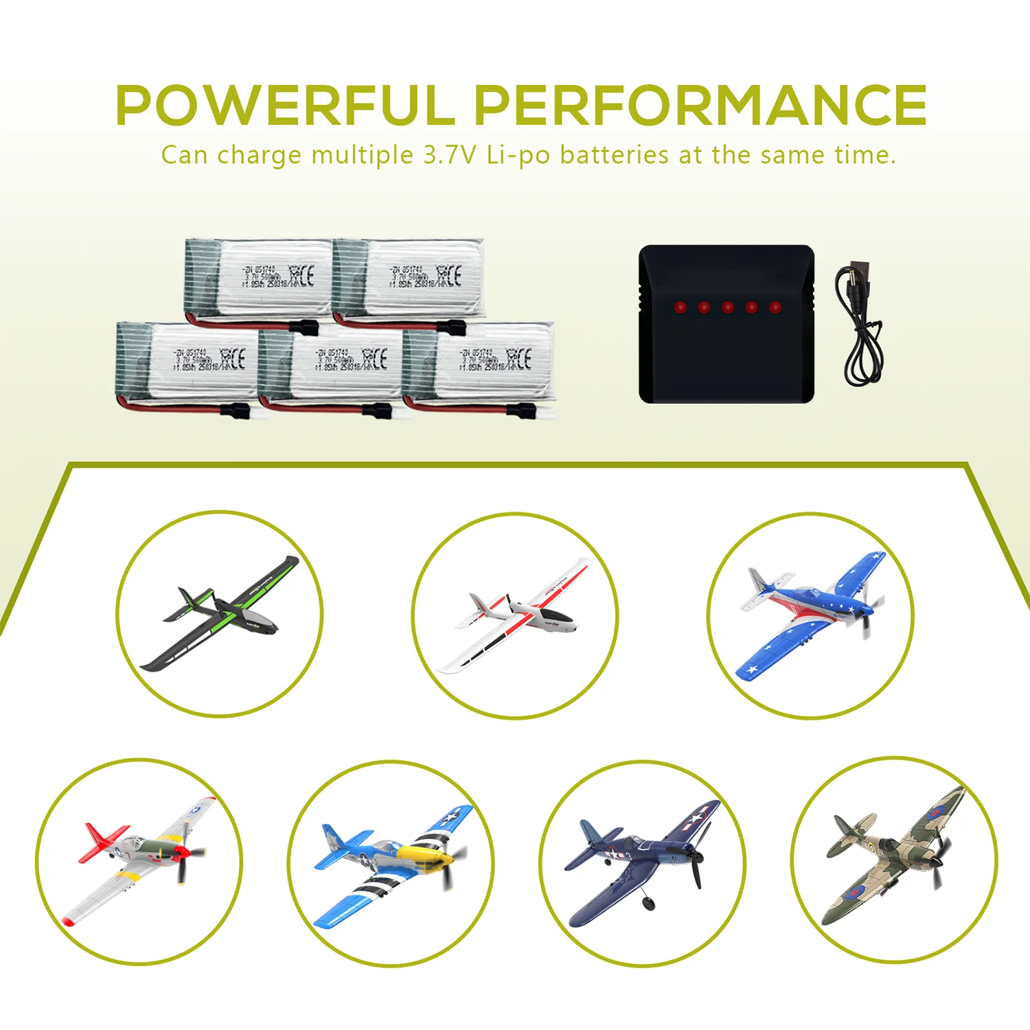 5Pcs 3.7V 500mAh LiPo Batteries with five-port USB Charger, Rechargeable Battery Pack for 2.4gHz RC Plane/Drones/Quadcopters