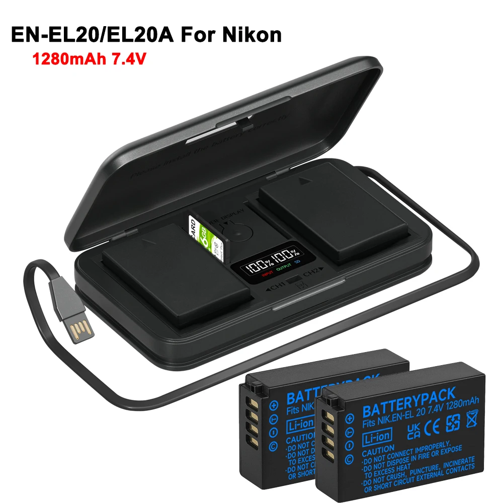 EN EL20 EL20A Battery EN-EL20 EN-EL20A+LCD Charger Case for Nikon Coolpix P1000 P950 Nikon 1 J1, 1 J2,1 J3 for Nikon AW1 Camera