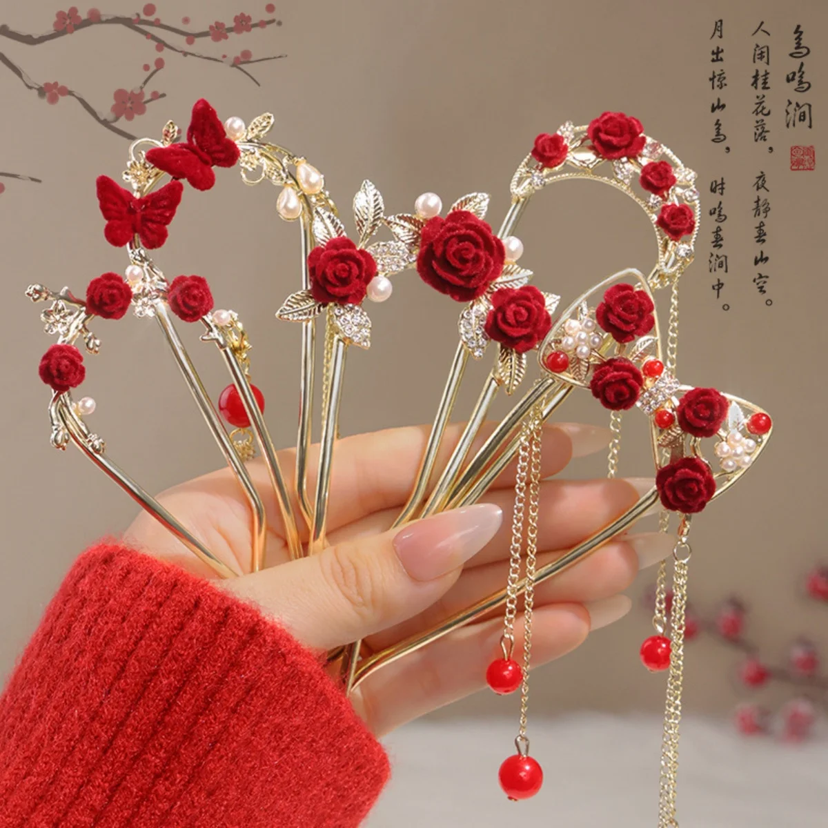 Vintage Chinese Style Rose Hairpin For Women Red Flower Element Tassel Hair Stick Elegant Exquisite Handmade Hair Accessories image 2