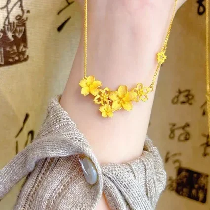 

24K Pure Gold Necklace Fashionable Temperament Hollow Flower Clavicle Chain AU999 Real Gold Flower Pendant Ladies 45cm