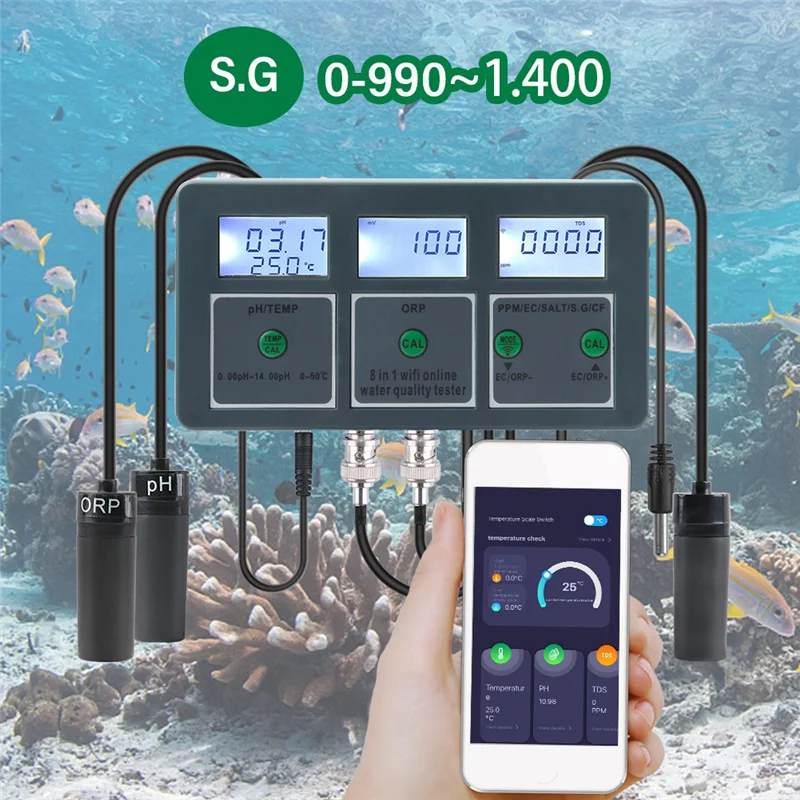 

QA06R 8-в-1 Перезаряжаемый тестер качества воды S.G PH EC Salt ORP TDS CF Temp Многопараметрический тест для аквариума с вилкой европейского стандарта