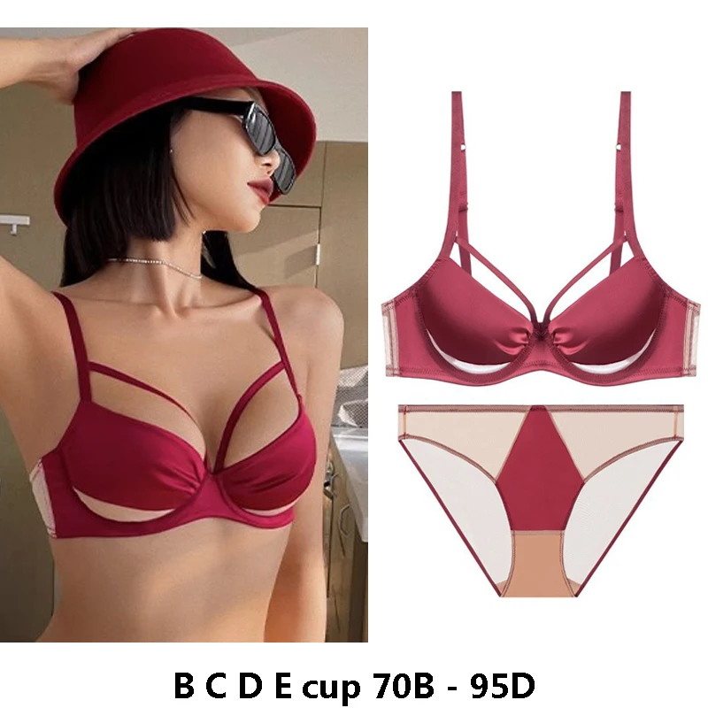 

high quality sexy women bras and brief set push up satin B C D E cup comfortable wire summer lingerie underwear black red white