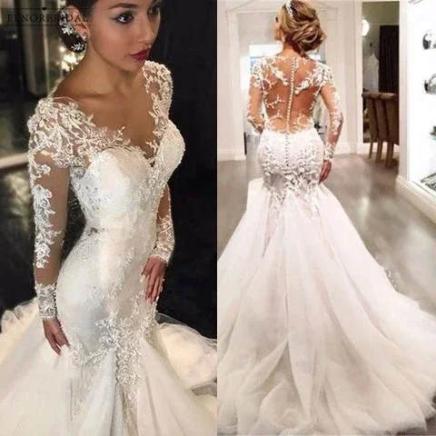 Vestidos De novia De sirena De manga larga elegantes personalizados bata transparente De Mariee ilusión espalda vestidos De novia hechos a medida