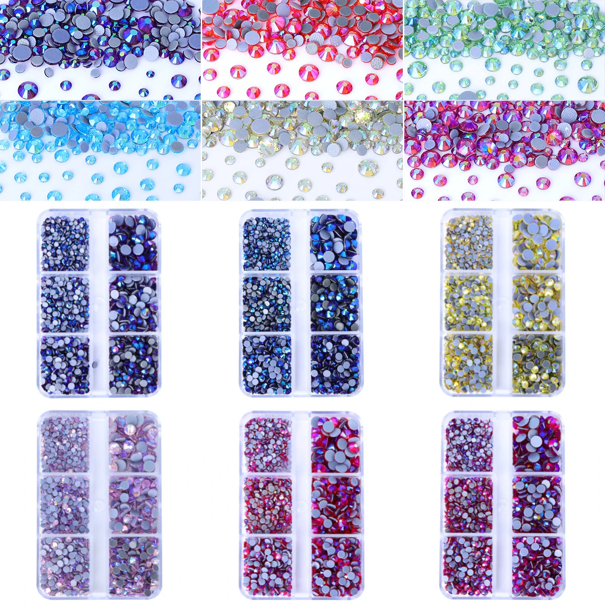 SS6-SS20 1440Pcs Mixed Sizes Glass Hotfix Rhinestones 6Grid Box Flat Back Glitter Crystal Strass Iron On Rhinestones for Clothes