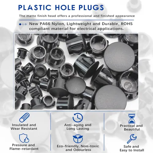 Imagen 2 del producto 300 Uds. Tapones para agujeros de plástico, arandelas, cubiertas para orificios de pared de puerta negra, tapas de juntas, arandela de inserción a presión, Kit de enchufe de botón de bloqueo, herramientas de 5mm-13mm
