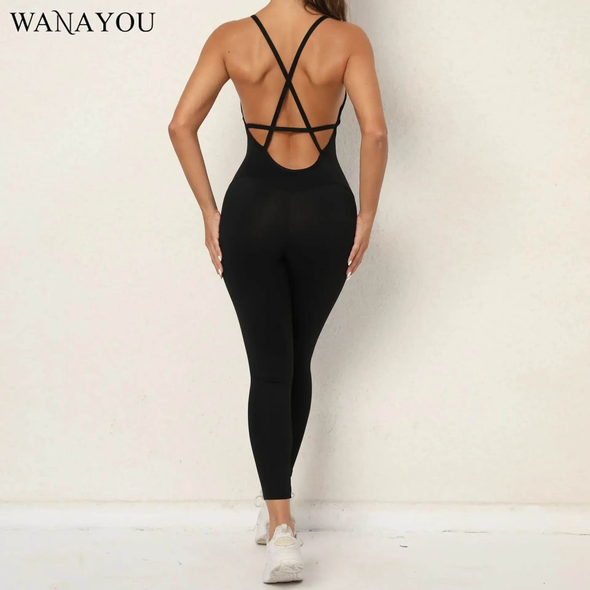 

WANAYOU Backless Women Yoga Jumpsuit Padded Sports Pants Tracksuits Cross Back Gym Fitness Legging Set Padded Workout Bodysuit