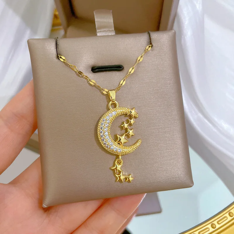 Classic Personality Micro-inlaid Moon Tassel Star Necklace Fashionable Charm Girls All-match Stainless Steel Clavicle Chain